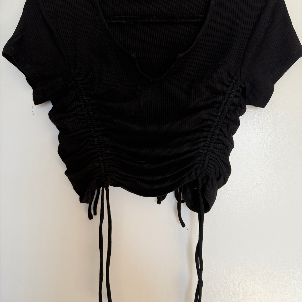 Free People Black Ribbed Ruched Drawstring Top